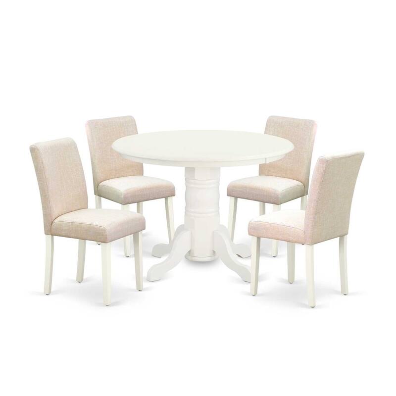 HomeStock 5-Piece Round Linen White Finish Solid Wood Top Dining Table with 4-Parson Chair with Lattice Back