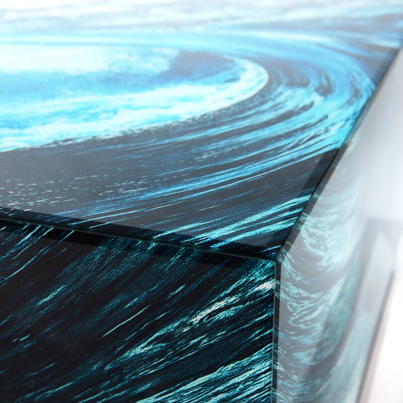 "Sapphire Sea" Reverse Printed Beveled Art Glass Cocktail Table with Black Plinth Base