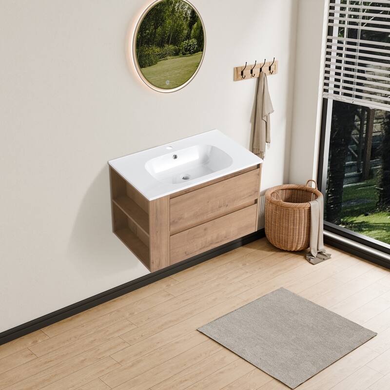 Modland 30" Wall-Mount Vanity with Gel Sink & Soft-Close Drawers - Adjustable Shelf, Brown/Imitative Oak - 30 Inch - Imitative Oak