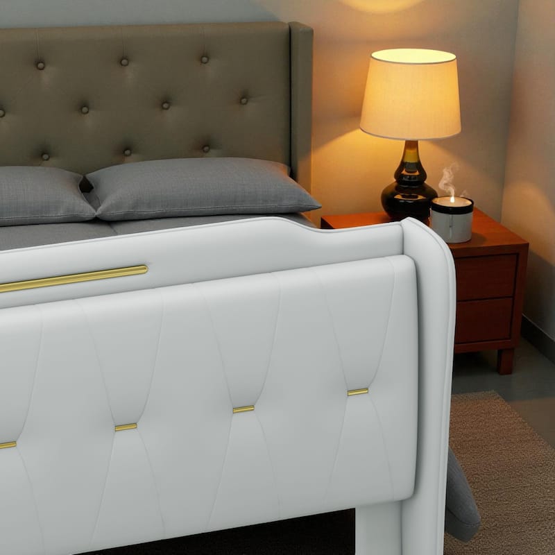 Queen/King PU Leather Upholstered Platform Bed with Wingback Headboard & Footboard, Gold Metal Accents and Wooden Slats