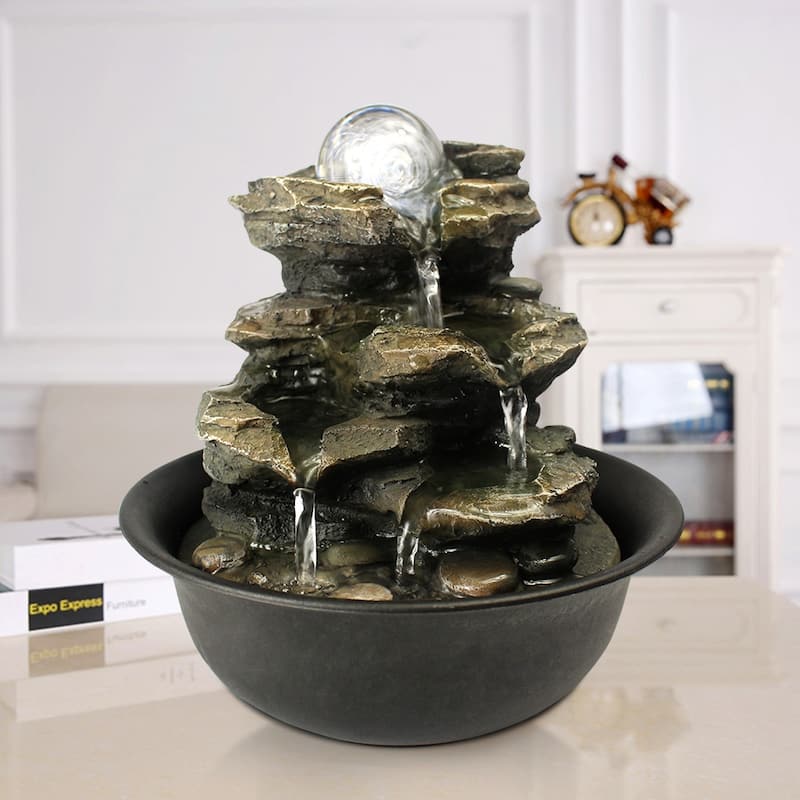 Spinning Orb Rock Cascading Indoor Tabletop Waterfall Fountain - Dark Grey