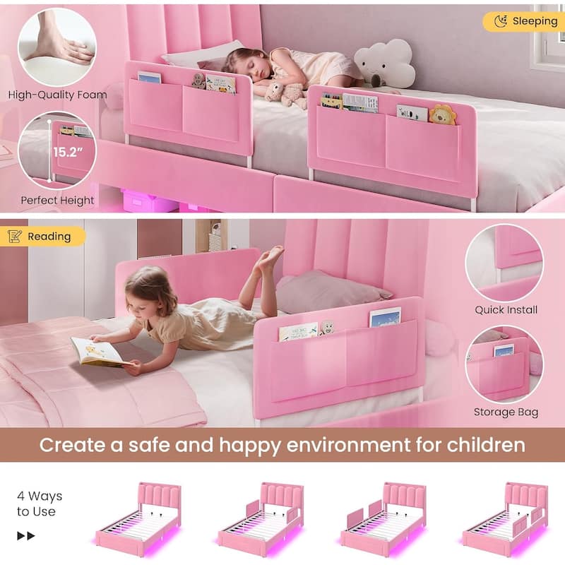 LED Bed Frame Storage DrawerSafety Guardrails Velvet Princess Platform Bed Kids
