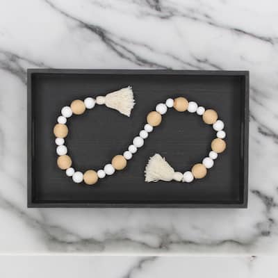 Kira White Wood and Brown Fabric Beaded Garland - N/A