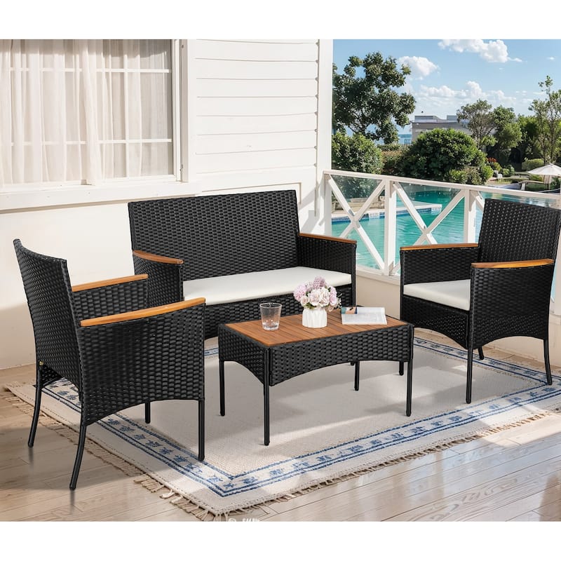 Futzca 4 Pieces Outdoor Patio Furniture Sets Rattan Chair Wicker Set - Black With Wood