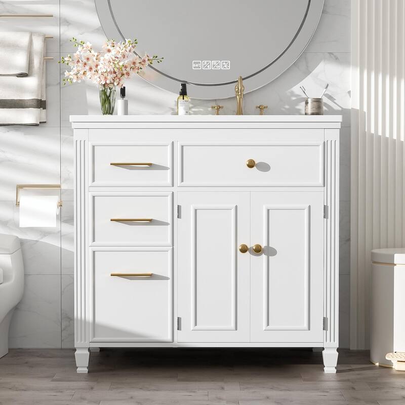 36" Bathroom Vanity with Sink, Ceramic Sink, One Tip-out Drawer, 3 Side Drawers - White