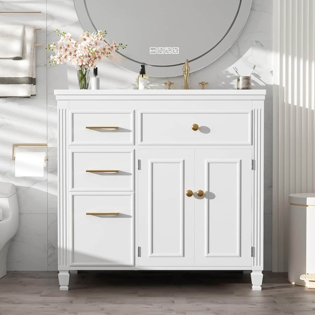 36" Bathroom Vanity with Sink, Ceramic Sink, One Tip-out Drawer, 3 Side Drawers