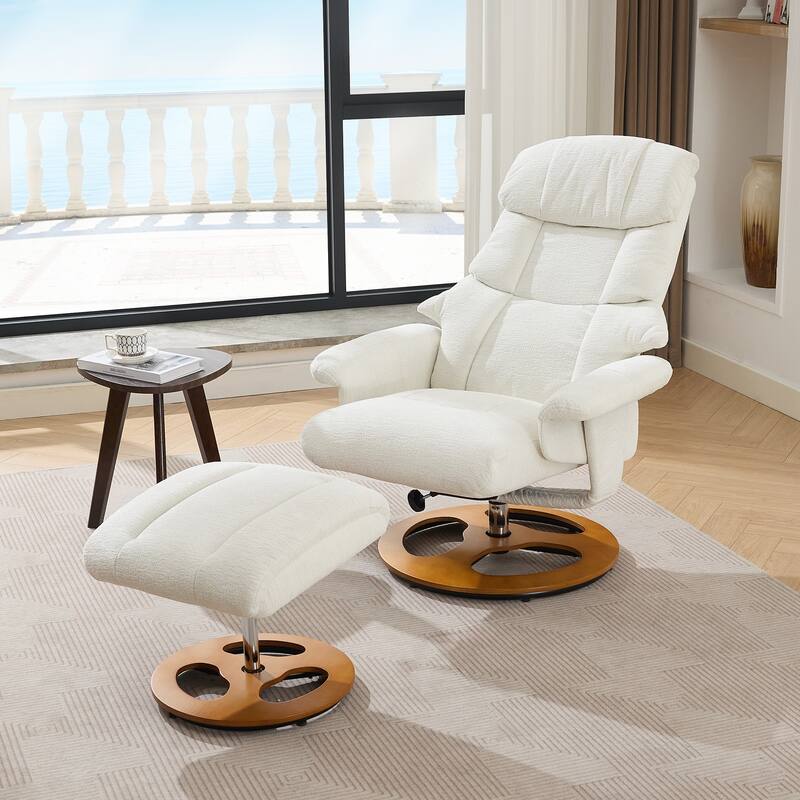 Recliner Chair with Ottoman, 360° Swivel Lounge Chair with Footstool, Chenille Fabric, Seat Heating & 140° Adjustable Backrest