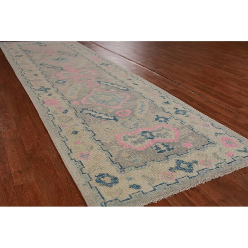 Hand Knotted Oriental 100% Wool Carpet Transitional Geometric Greys & Charcoal Oushak Runner Rug - 10' 0'' X 3' 3''