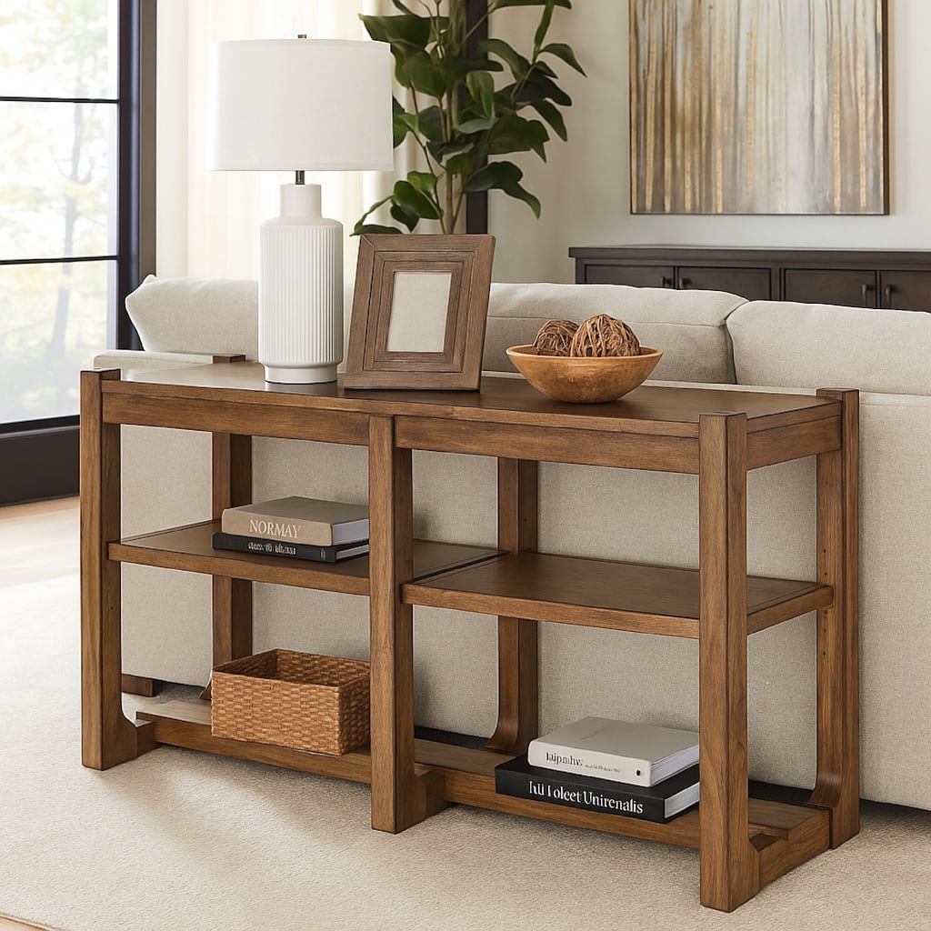 Cabal Sofa Table, Open Shelf, Light Brown Wood, Rectangular 65 Inch