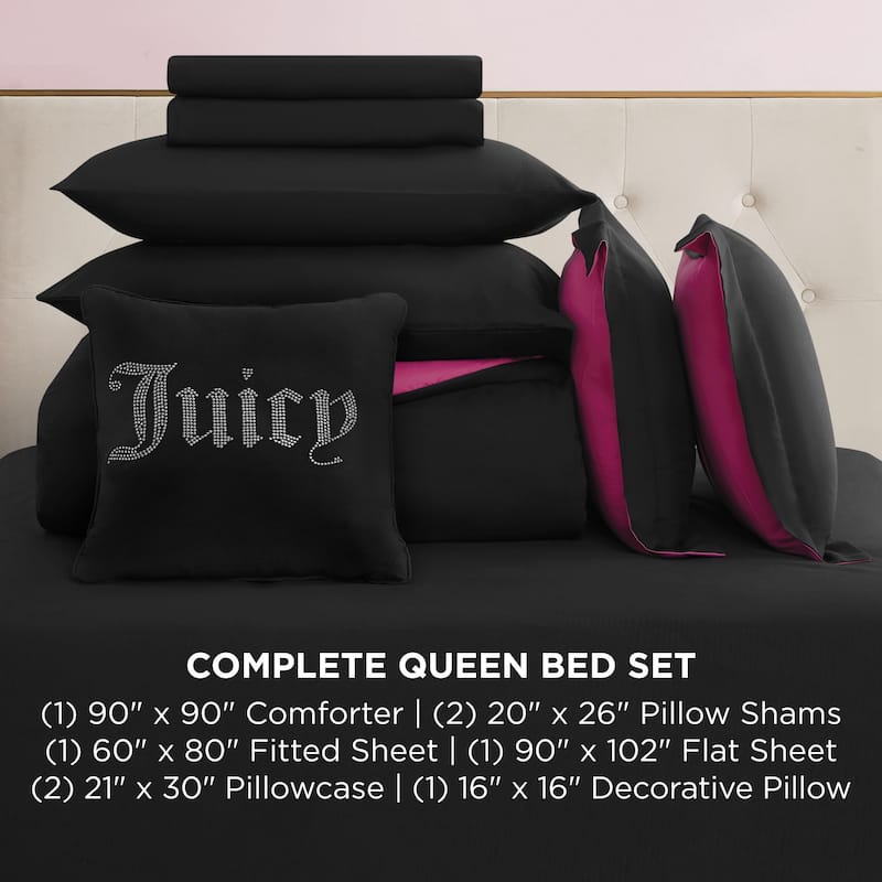 Juicy Couture Alexis Reversible Comforter Set 8 Piece Bed in a Bag Queen Black/Hot Pink
