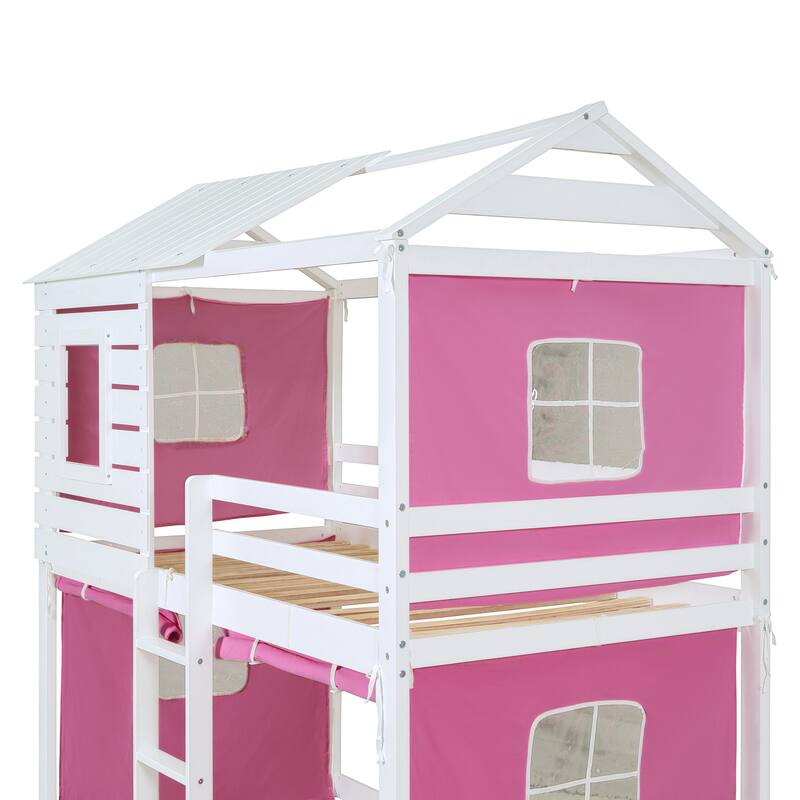 Solid Wood House Bunk Bed with Tent, Ladder and Fence for Kids, Bedroom