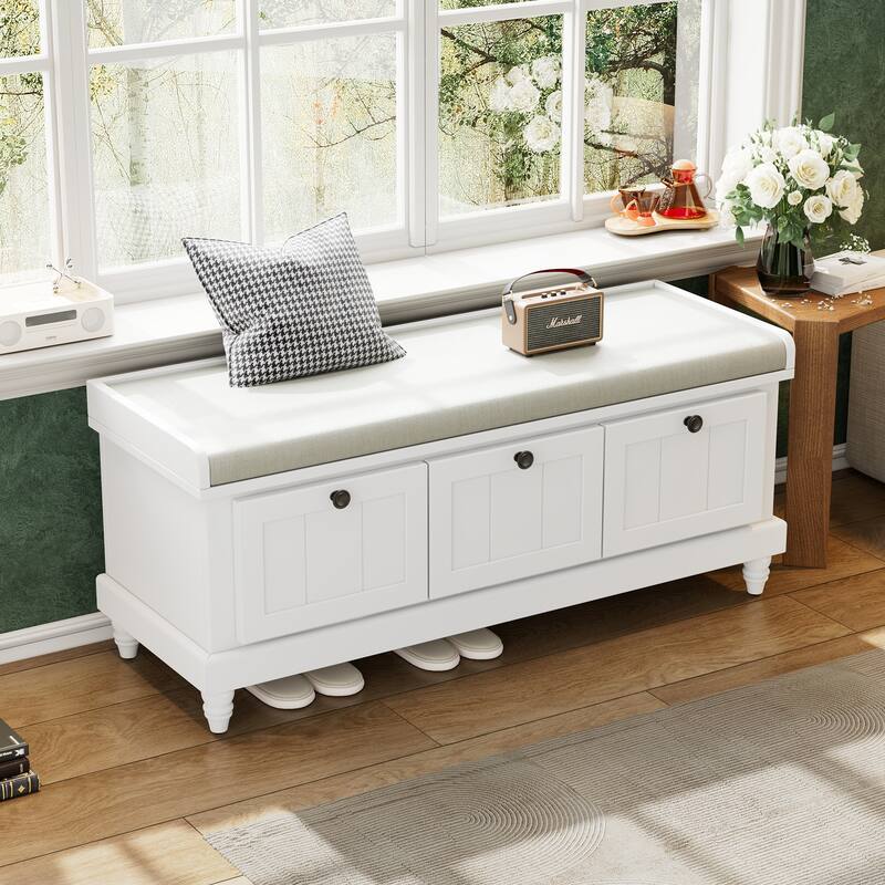 Classic Shoe Bench With Cushion And Three Drawers,Fluted Entryway Bench With Storage For Living Room, Entryway,And Hallways