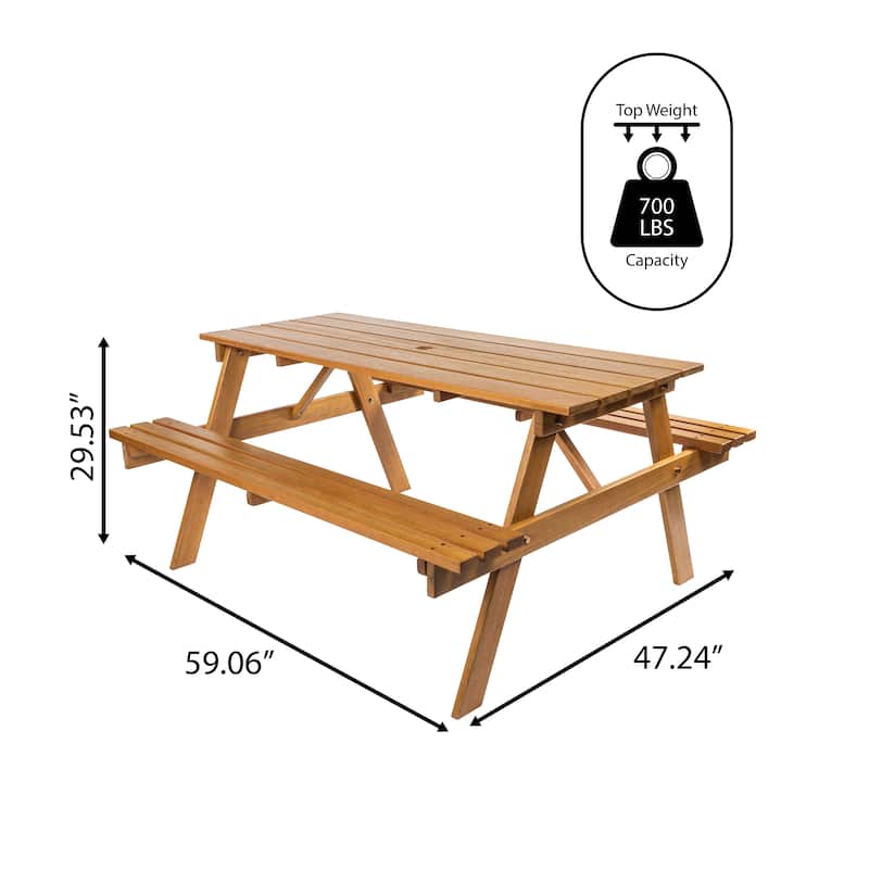 Porto 59" Modern Classic Outdoor Wood Picnic Table Benches with Umbrella Hole, by JONATHAN Y