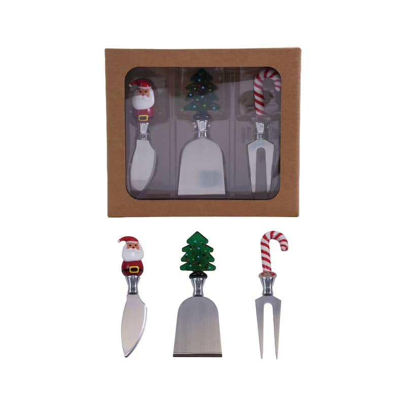 3-Piece Stainless Steel Cheese Knives with Hand-Blown Glass Holiday Icon Handle - 7.63"L x 6.75"W x 1.75"H - Multicolor