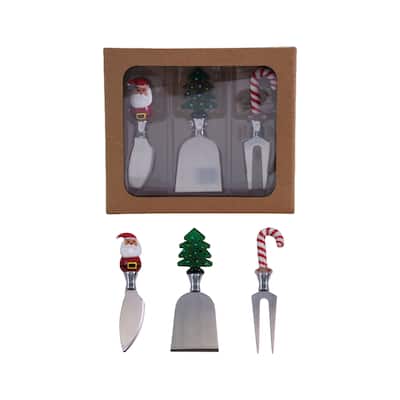 3-Piece Stainless Steel Cheese Knives with Hand-Blown Glass Holiday Icon Handle - 7.63"L x 6.75"W x 1.75"H