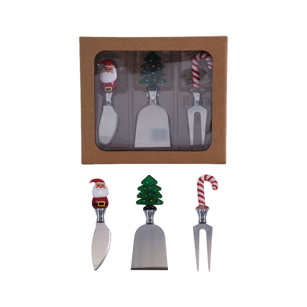 3-Piece Stainless Steel Cheese Knives with Hand-Blown Glass Holiday Icon Handle - 7.63"L x 6.75"W x 1.75"H