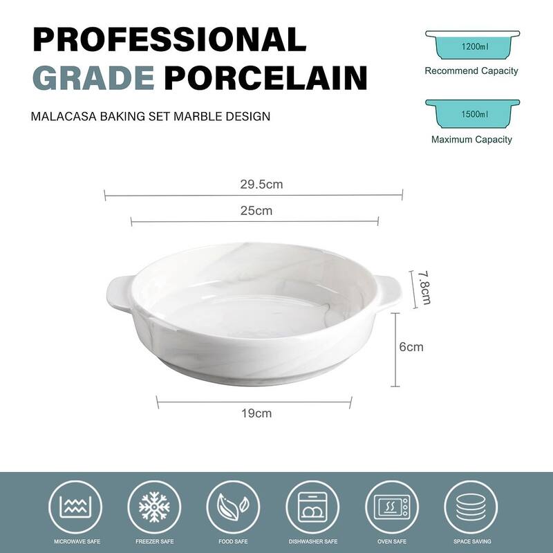 MALACASA Marble Grey Porcelain Baking Pan with Handles
