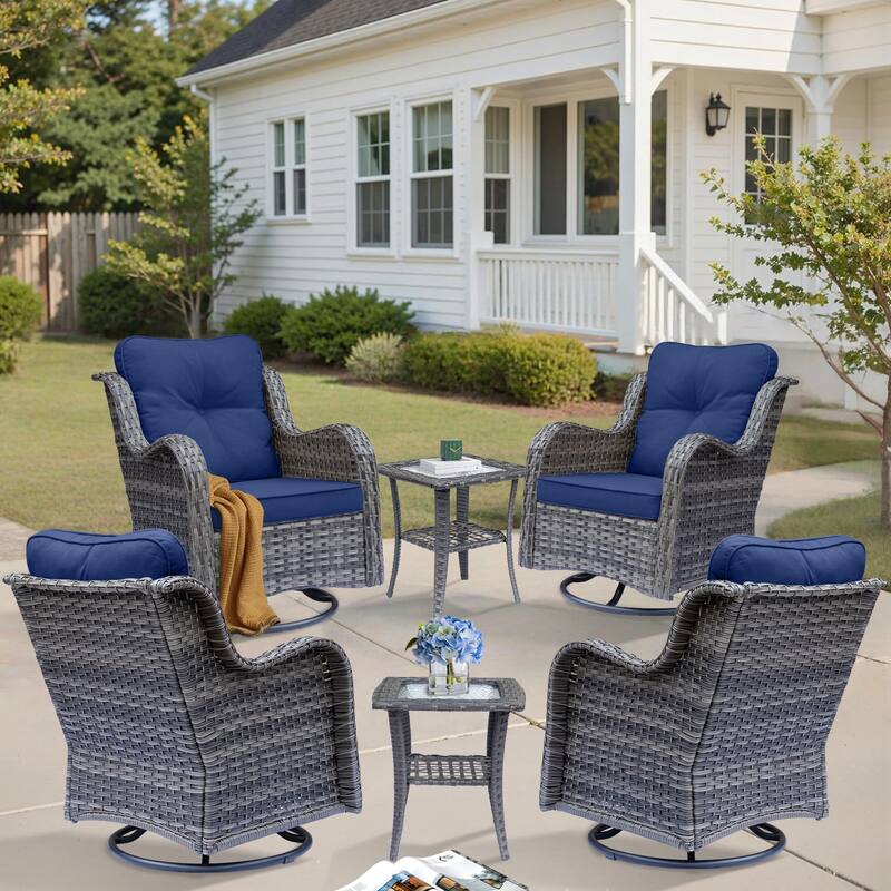 6 Piece Outdoor High Back Wicker Patio Conversation Swivel Chairs Sets - Navy Blue-Gray Rattan