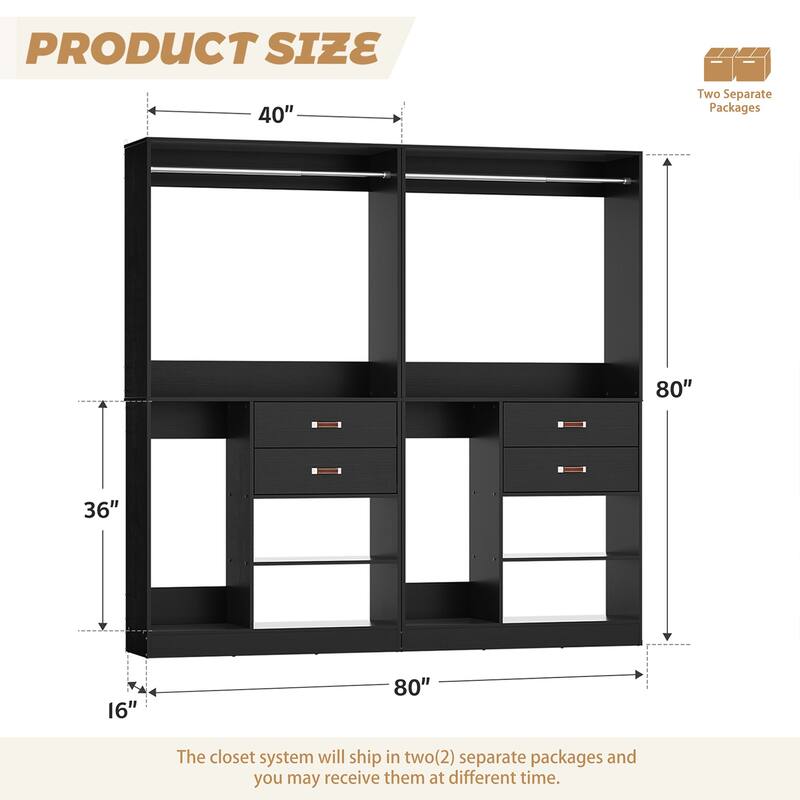 40'' Large Closet System with Shelves and 2 Drawers, Freestanding Closet Organizer with Hanging Rods
