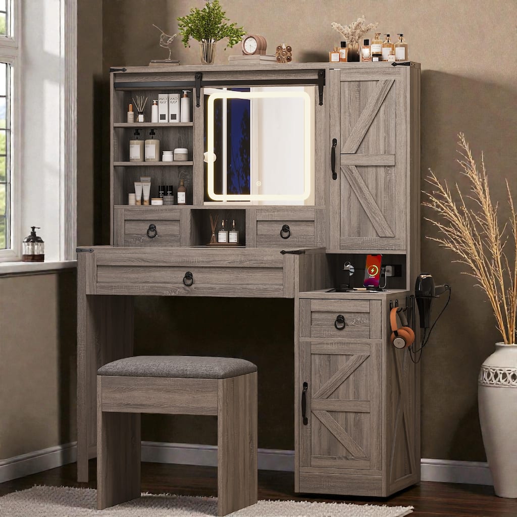 Farmhouse Vanity Desk with Sliding LED Mirror and Lights, Glass Top Vanity Set with Charging Station