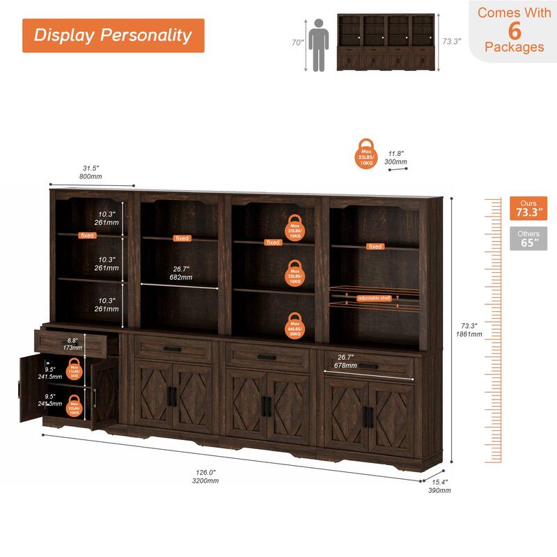 5 Tier 4-Column Bookshelf Set with Open Storage and Glass Doors