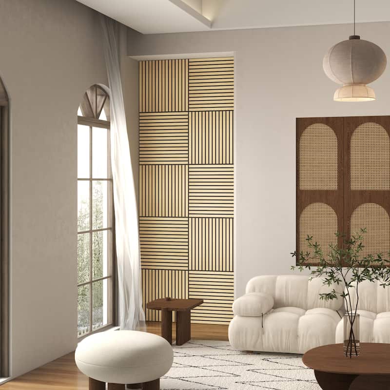 HOMCOM 4 Pack 3D Faux Wood Wall Panels, 24" x 24" Sound Absorbing Acoustic Panels, Wood Slat Wall Panels for Interior Wall Decor