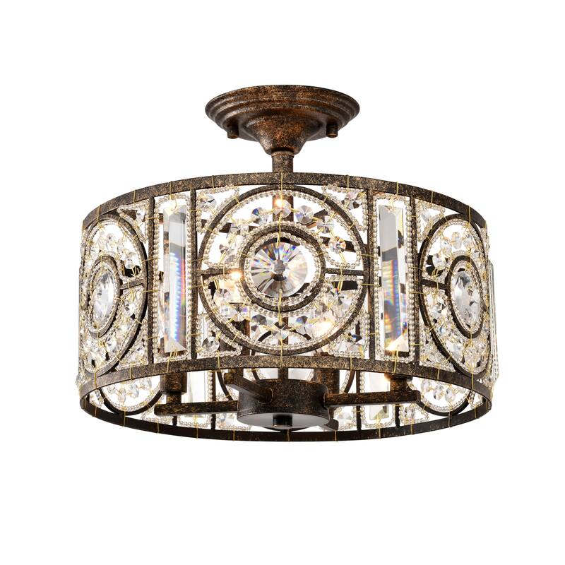 Sigyn Caged Drum Semi-Flushmount Ceiling Lamp with Crystal Ornaments Antique Bronze - Antique-Bronze