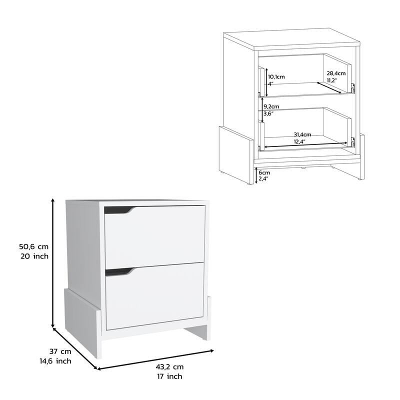 Modern easy-to install bedside Nightstand with 2 Drawers,openwork gola handles,with floor fixing two sturdy particle board legs