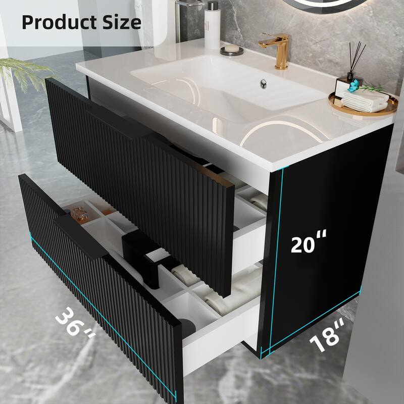 36" Floating Bathroom Vanity with Ceramic Sink - Wall Mounted Fluted Vanity Cabinet with Drawers, Modern Design