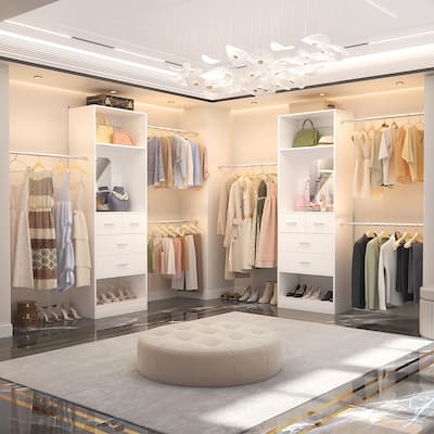 48"-96" W Wooden Closet System with 4 Wooden Drawers and Mirror, Walk-in Closet Organizer with 4 Adjustable Hanging Rods