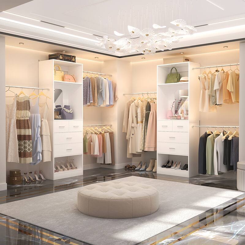 25'' - 96" W Closet System with 4 Wooden Drawers and Mirror, Walk-in Closet Organizer Kits with 3 Extendable Hanging Rods