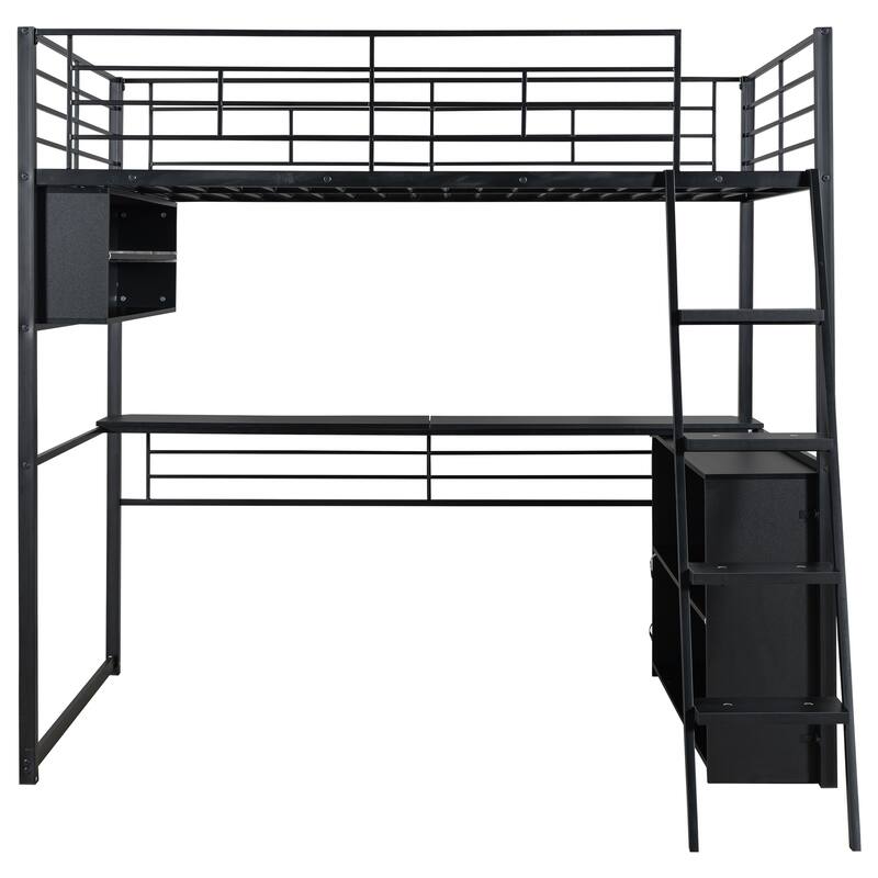 Full Size Loft Bed with Desk, LED Shelves, and Storage - Metal Frame with Guardrails and Ladder, Space-Saving Design for Teens