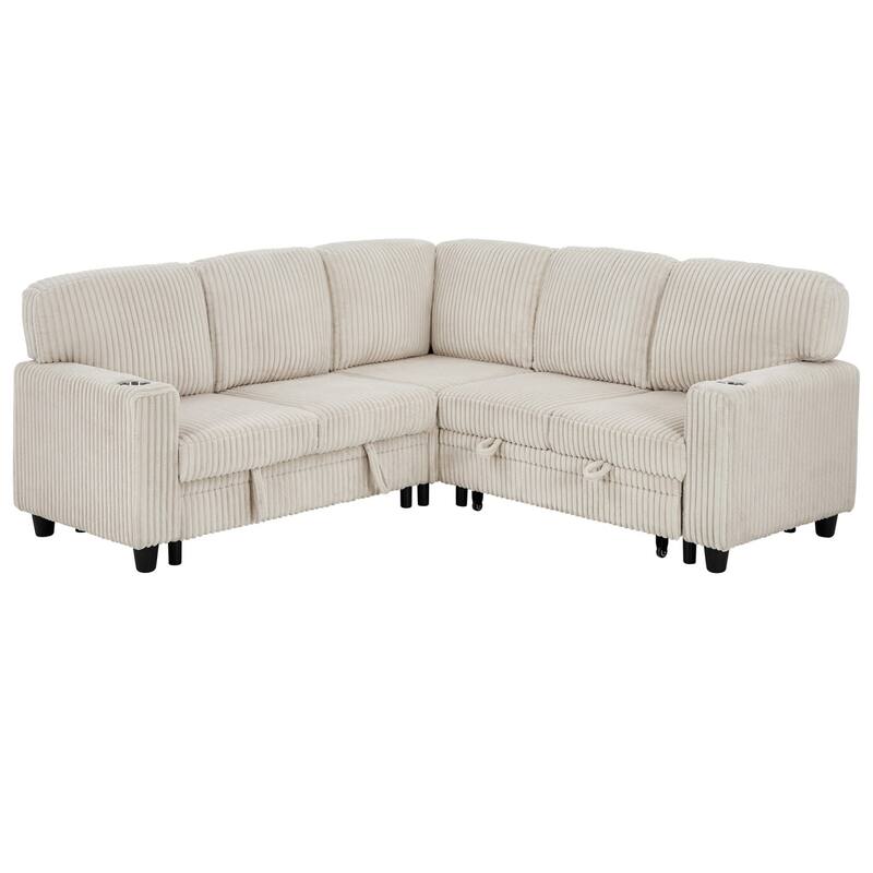 81" L-Shaped Corduroy Sectional Sofa with Pull-Out Bed