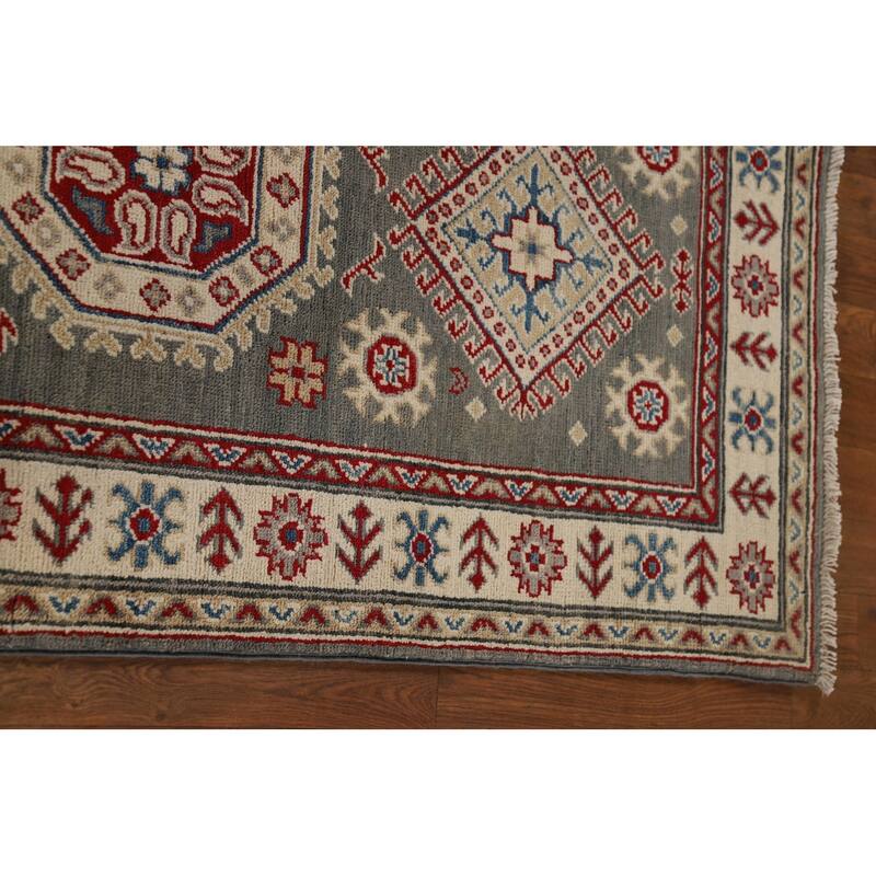 Geometric Kazak Runner Rug Handmade Oriental Grey Wool Carpet - 2'7" x 16'3"