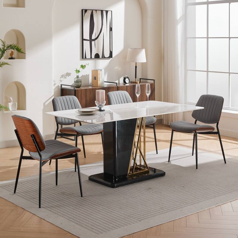 Retro Faux Leather Dining Chairs Set of 2 Accent Chair with Bentwood Back, Kitchen Side Chair with Metal Legs