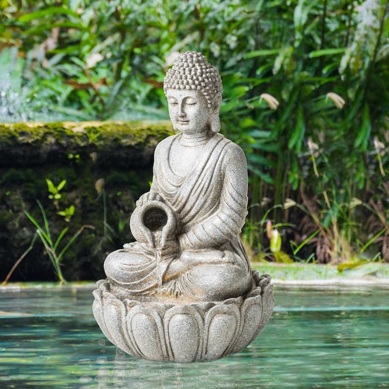 Glitzhome Polyresin Meditating Buddha Frog/Elephant Statue Outdoor Water Fountain with LED Lights - Grey - 20.5"H Buddha