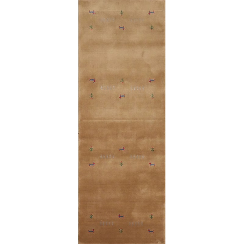 Hand Knotted Oriental 100% Wool Carpet Tribal Animal Pictorial Brown Gabbeh Runner Rug - 8' 1'' X 2' 5''