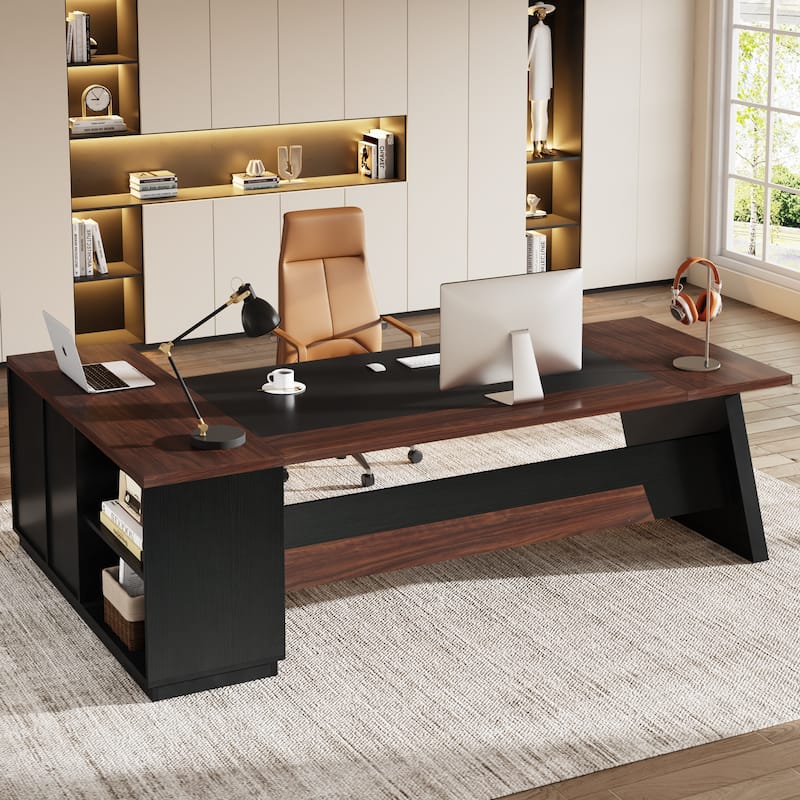 78.7-inch L Shaped Executive Desk with Drawers and Lateral File Cabinet - Walnut+Black