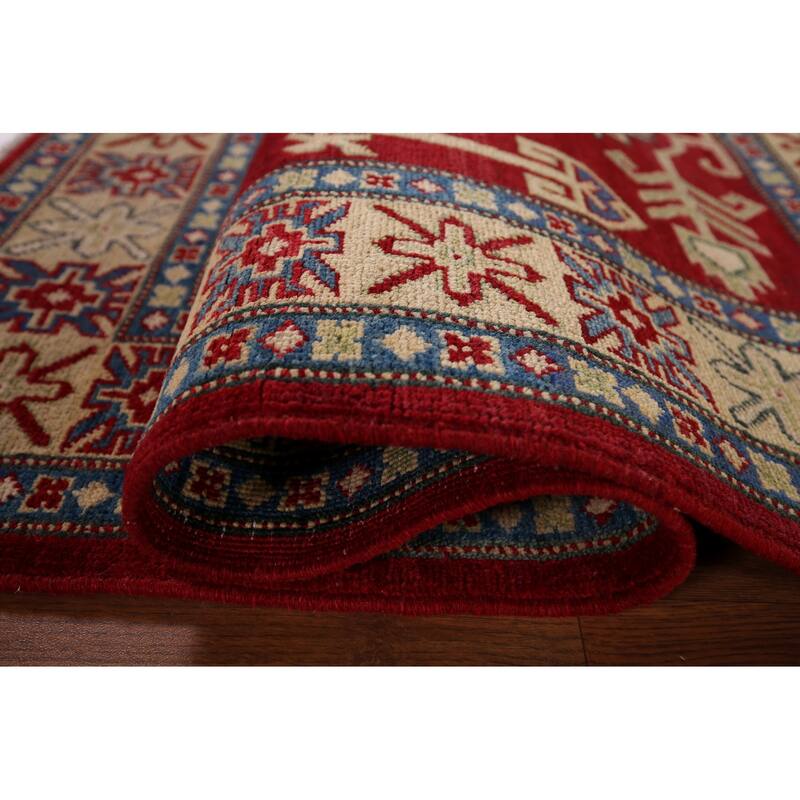 Red Geometric Kazak Foyer Rug Handmade Traditional Wool Carpet - 3'5" x 4'11"