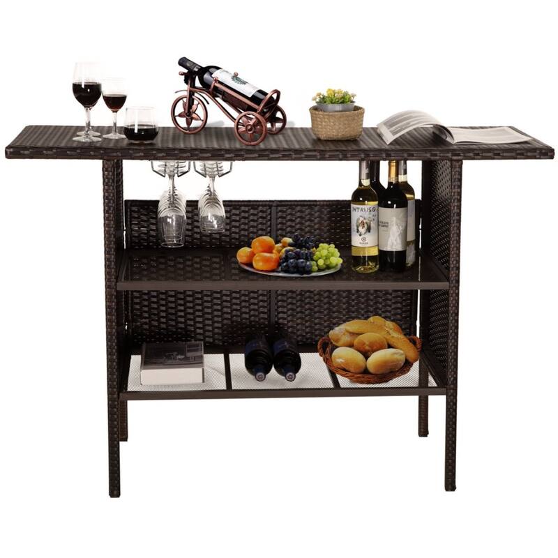 Outdoor Wicker Bar Patio Rattan Counter Table with 2 Steel Shelves