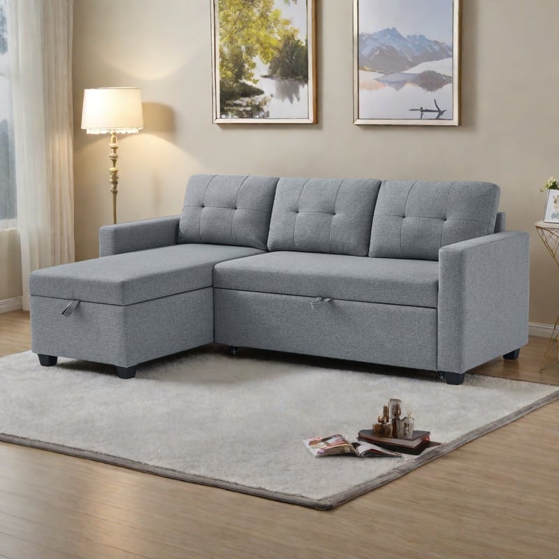 81.5" Linen Upholstered Sectional Sofa with Pull-Out Bed and Storage Chaise, Convertible 3-Seater - LIGHT GREY