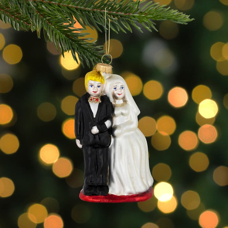 Glittered Bride and Groom Glass Christmas Ornament - 3.75"