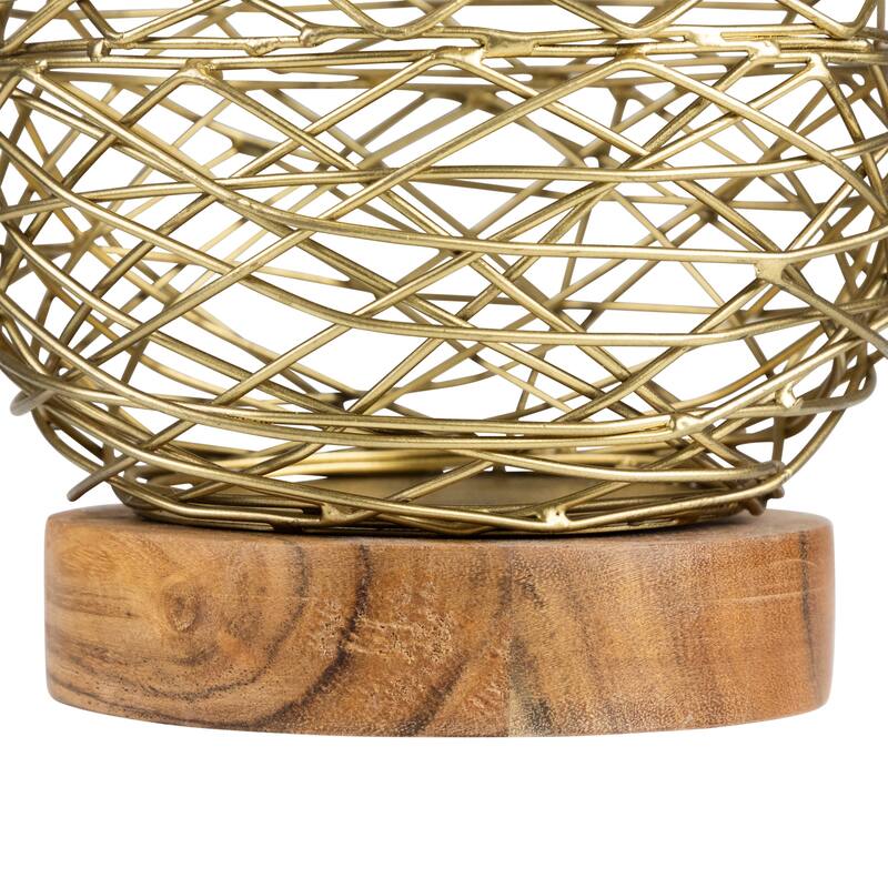 Small Woven Iron Votive Candle Holder with Wooden Base - 6.25" - Brass Finish