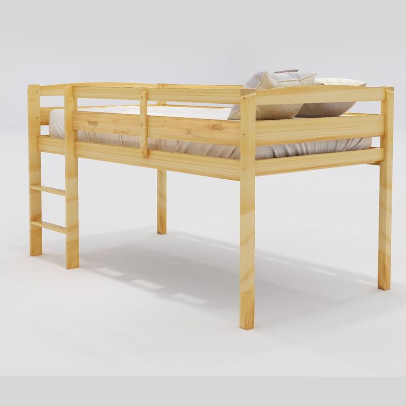 Twin Size Loft Bed with Ladder, Twin Bed Frame for Kids, Boys, Girls, Solid Wood Low Loft Bed Frame with Full-Length Guardrails