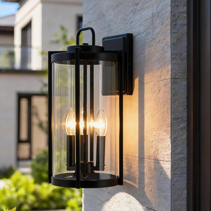 Matte Black Farmhouse Outdoor Wall Lantern Sconce - 3 Variants (11in 1-Light/14in 1-Light/17in 3-Light), Clear Glass, Wet Rated - 17 in. 3-Light
