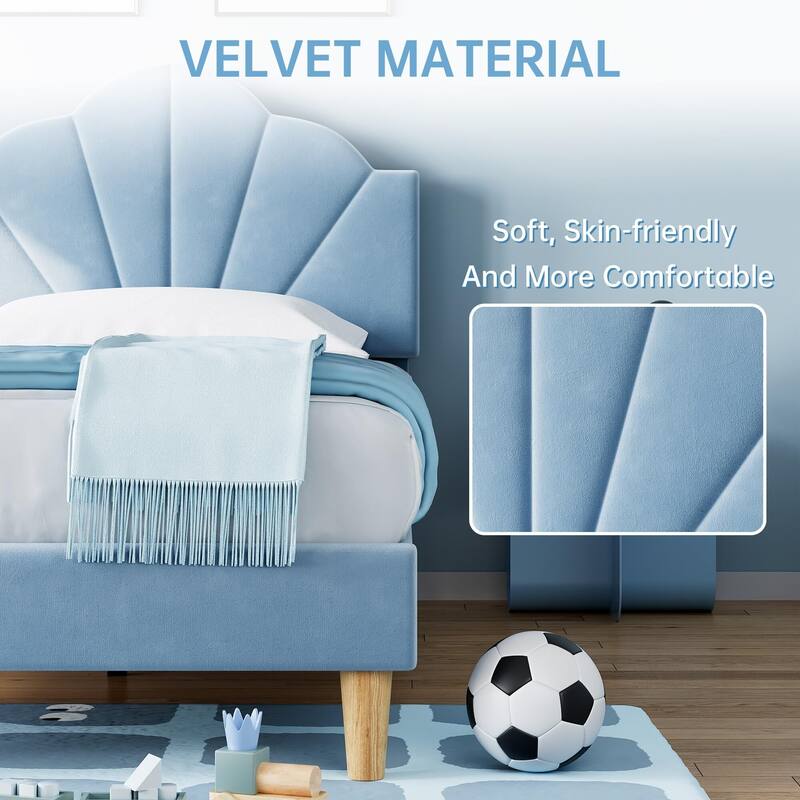 Velvet Upholstered Twin Platform Bed Frame, with Height Adjustable Headboard