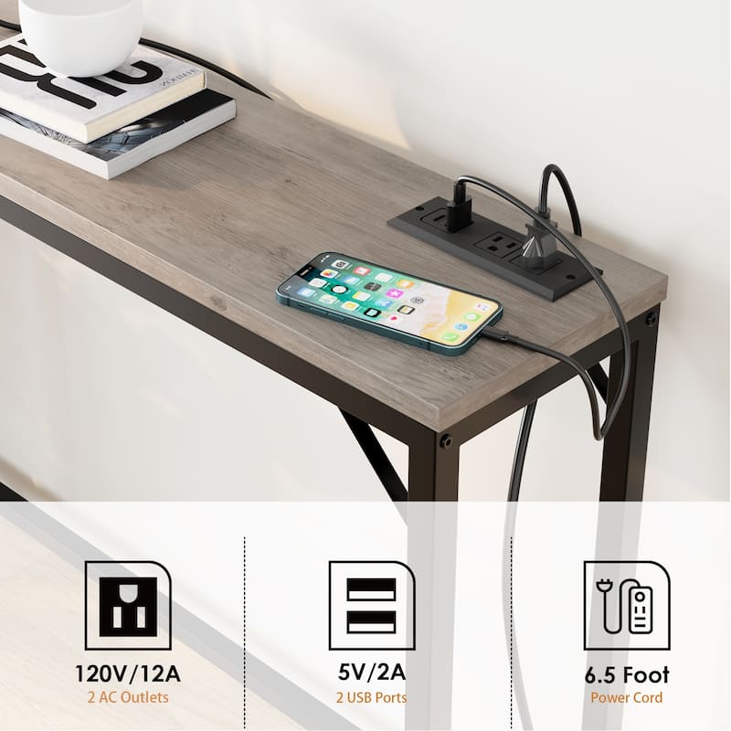 Console Table with Outlets, Narrow Sofa Table with Charging Station