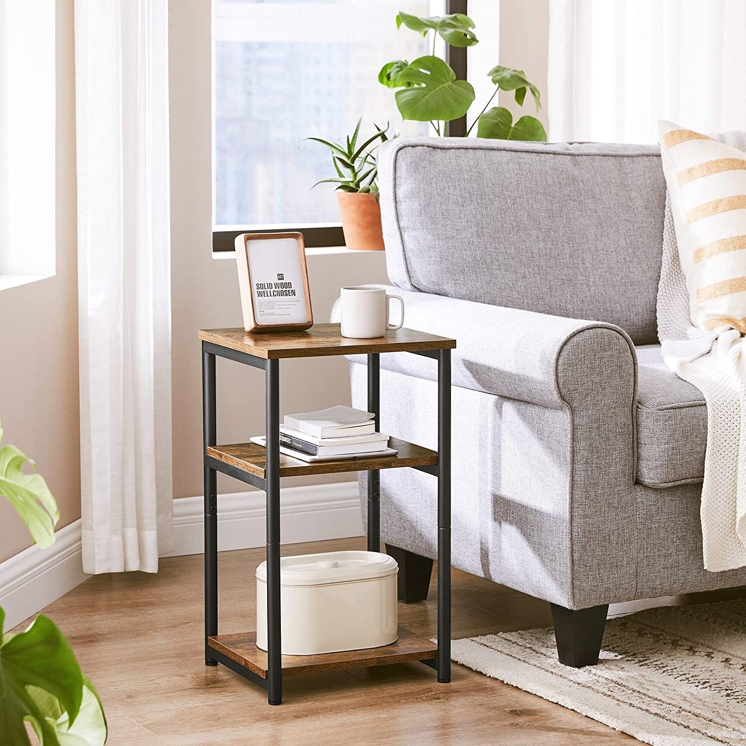 VASAGLE Vintage Rustic End Table with Storage Shelves, 3-Tier Tall Table, Side Table - 13.39"x 11.81"x 22.83"