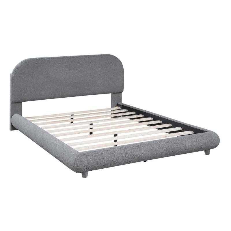 Full/Queen Size Teddy Fleece Upholstered Bed with Thick Fabric, Platform Bed Frame with Headboard & Stylish Curve-shaped Design