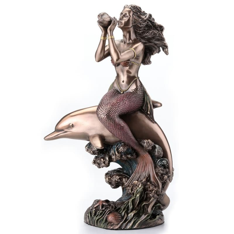 8.27 inches Height Cold Cast Bronze Mermaids Call on the Back of A Dolphin Bronze Finish Figurine